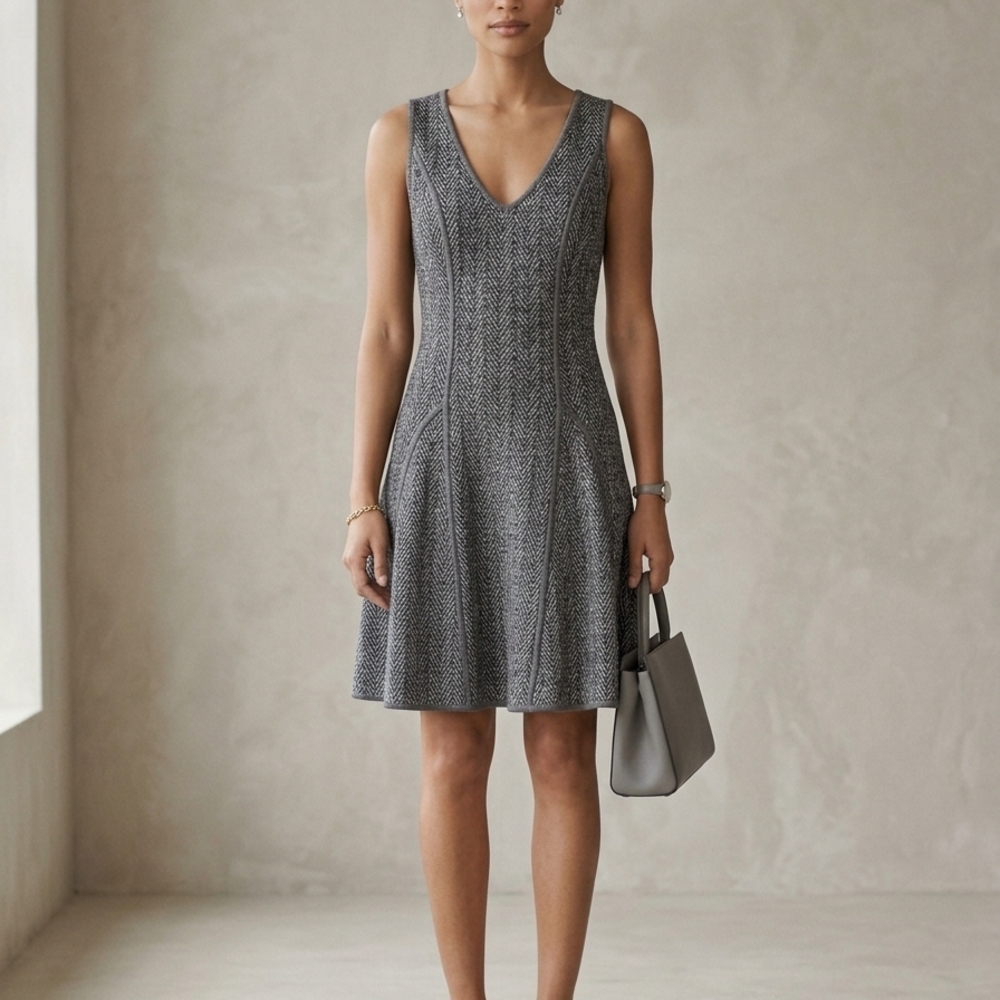 Black Halo Herringbone Knit Mini Dress Size S Grey Black V-Neck Fit & Flare - Picture 9 of 9